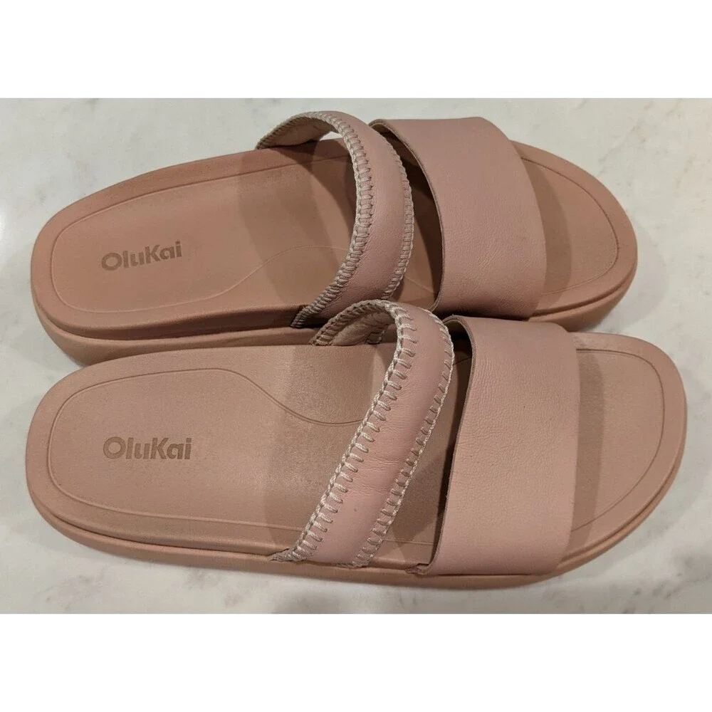 Women's OluKai PAE 2-Strap Leather Platform Sandals in Soft Pink Size 9 - Picture 11 of 13